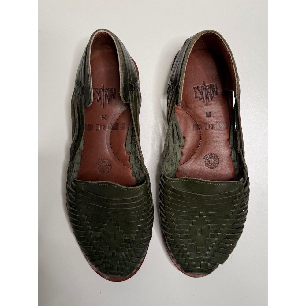 Espiritu Men’s 12 Green Leather Huarache Sandals Woven Closed Toe Mexican Shoes